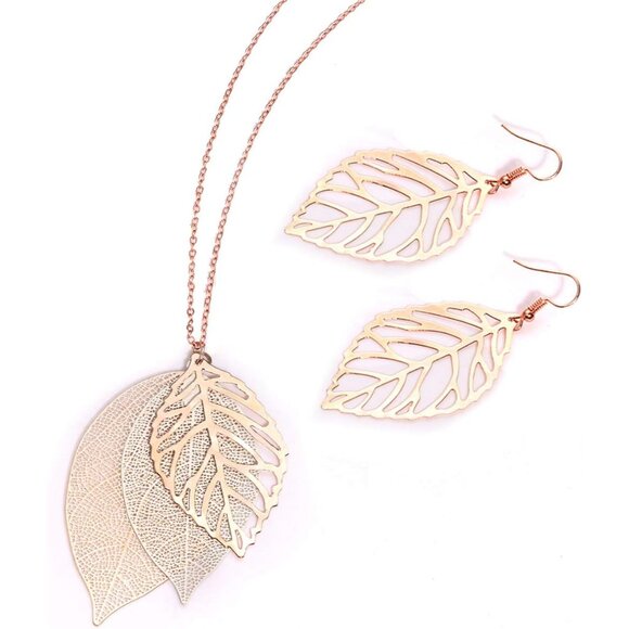 Jewelry - Leaf Earrings and Long Necklaces Set for Women Boho Gold-tone Multi Tiered Leave